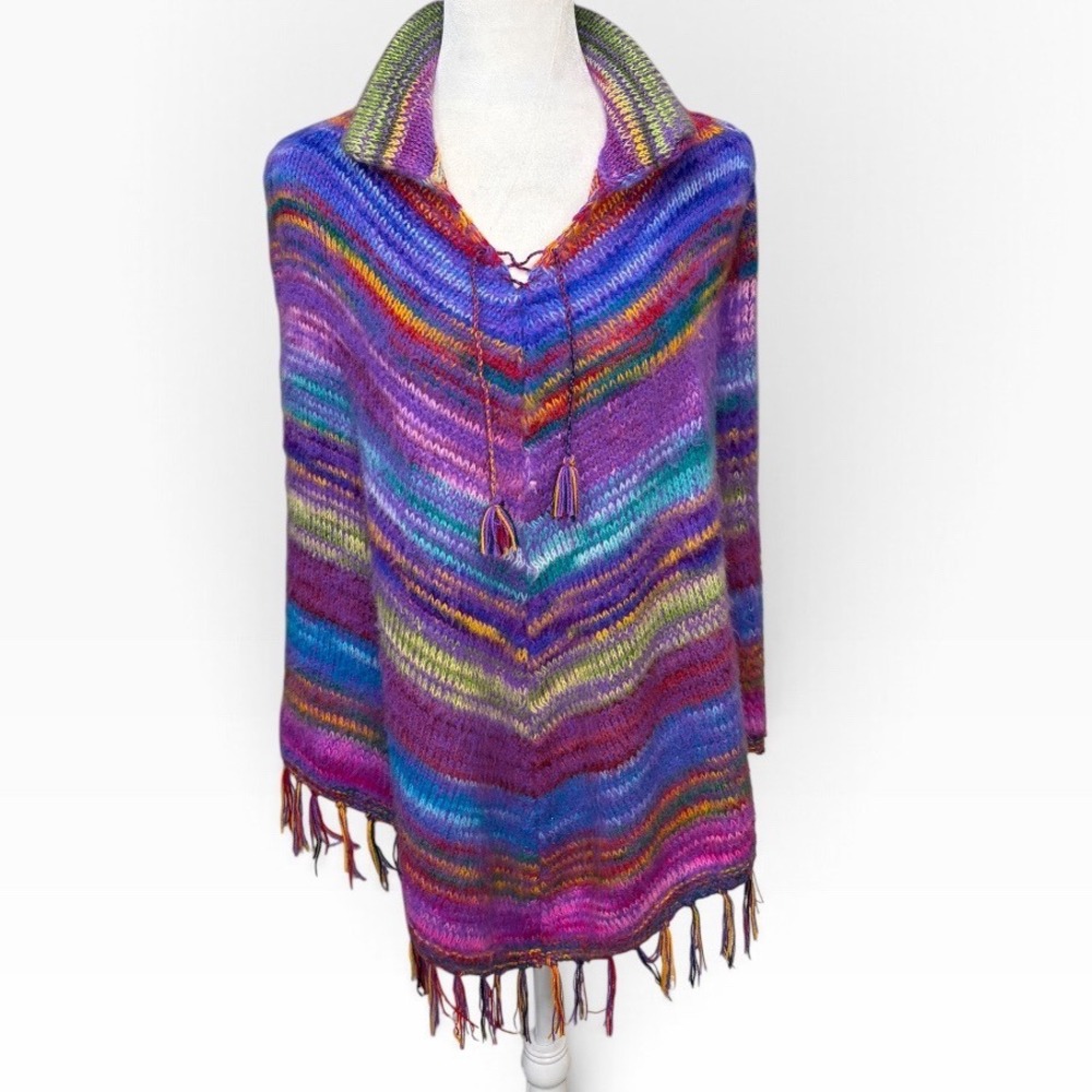 Authentic New Peruviañ Multicolor Poncho Lace Up Fringe Tassel Boho Women Size S